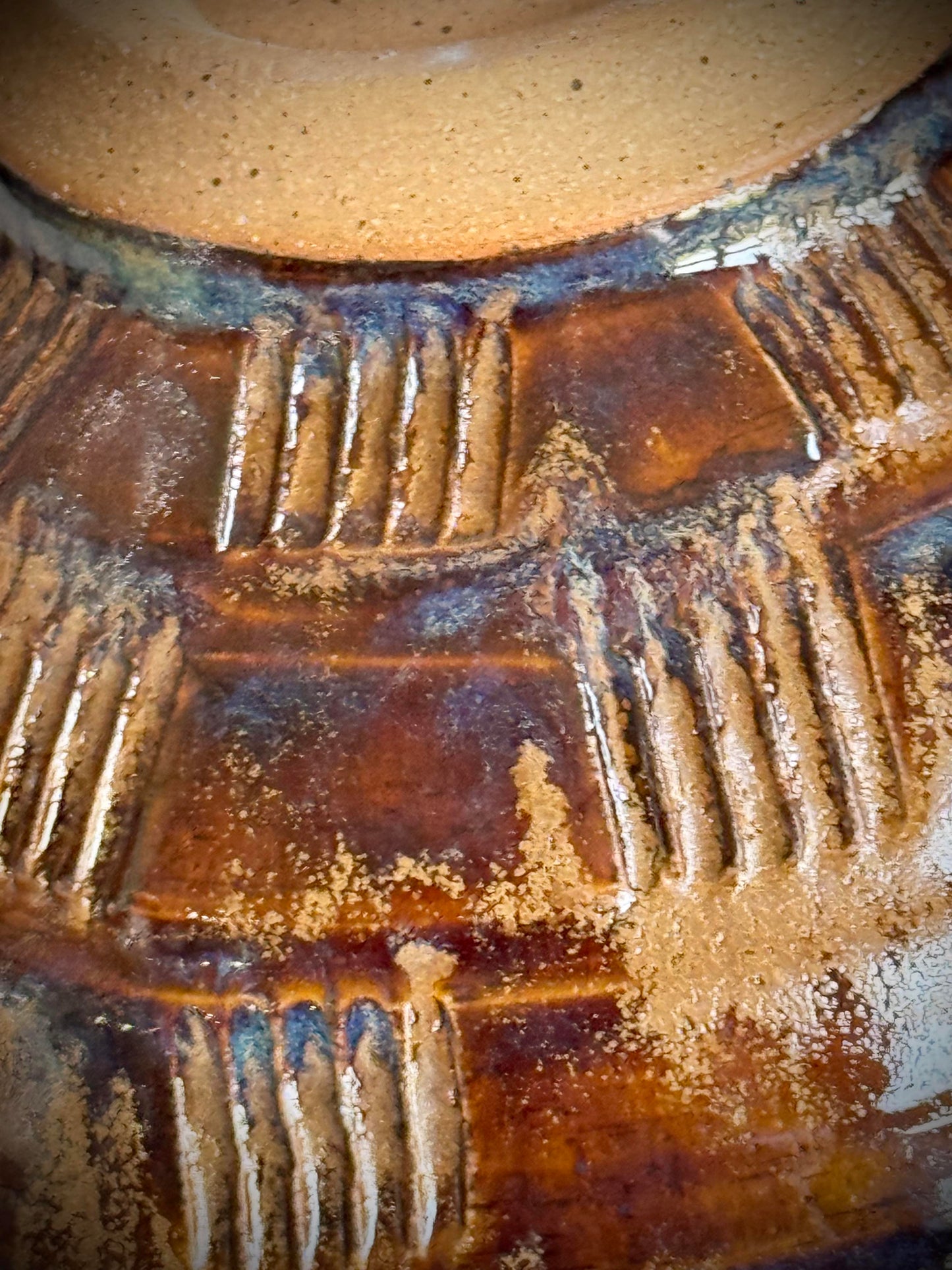 Ramen Bowl - Brown w/blue carved