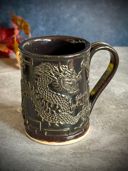 Embossed Dragon Mug – Black Iron Glaze