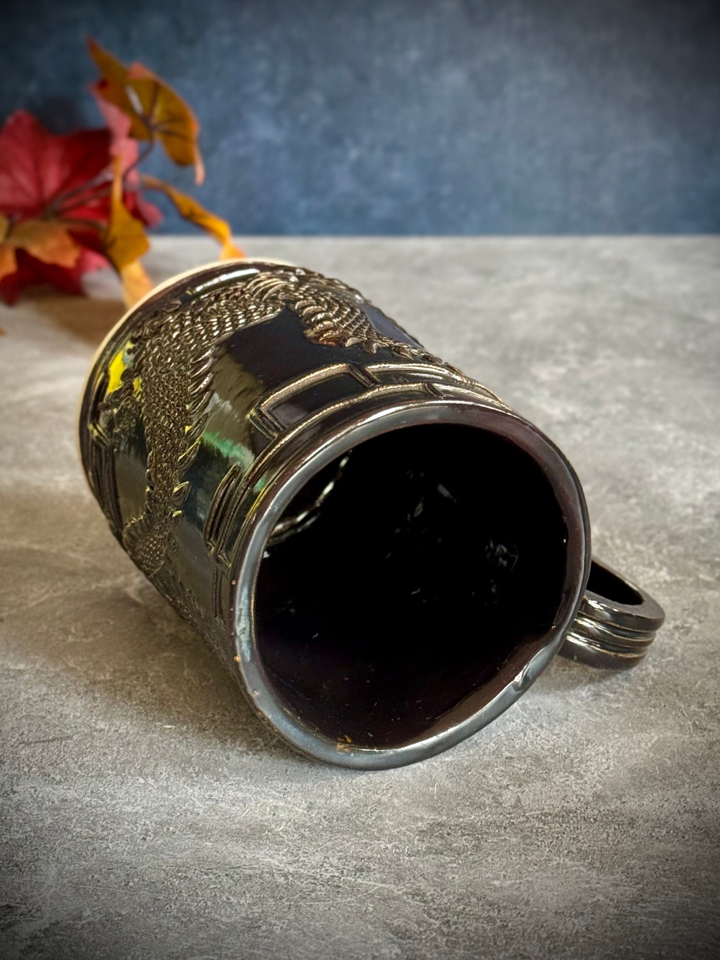 Embossed Dragon Mug – Black Iron Glaze