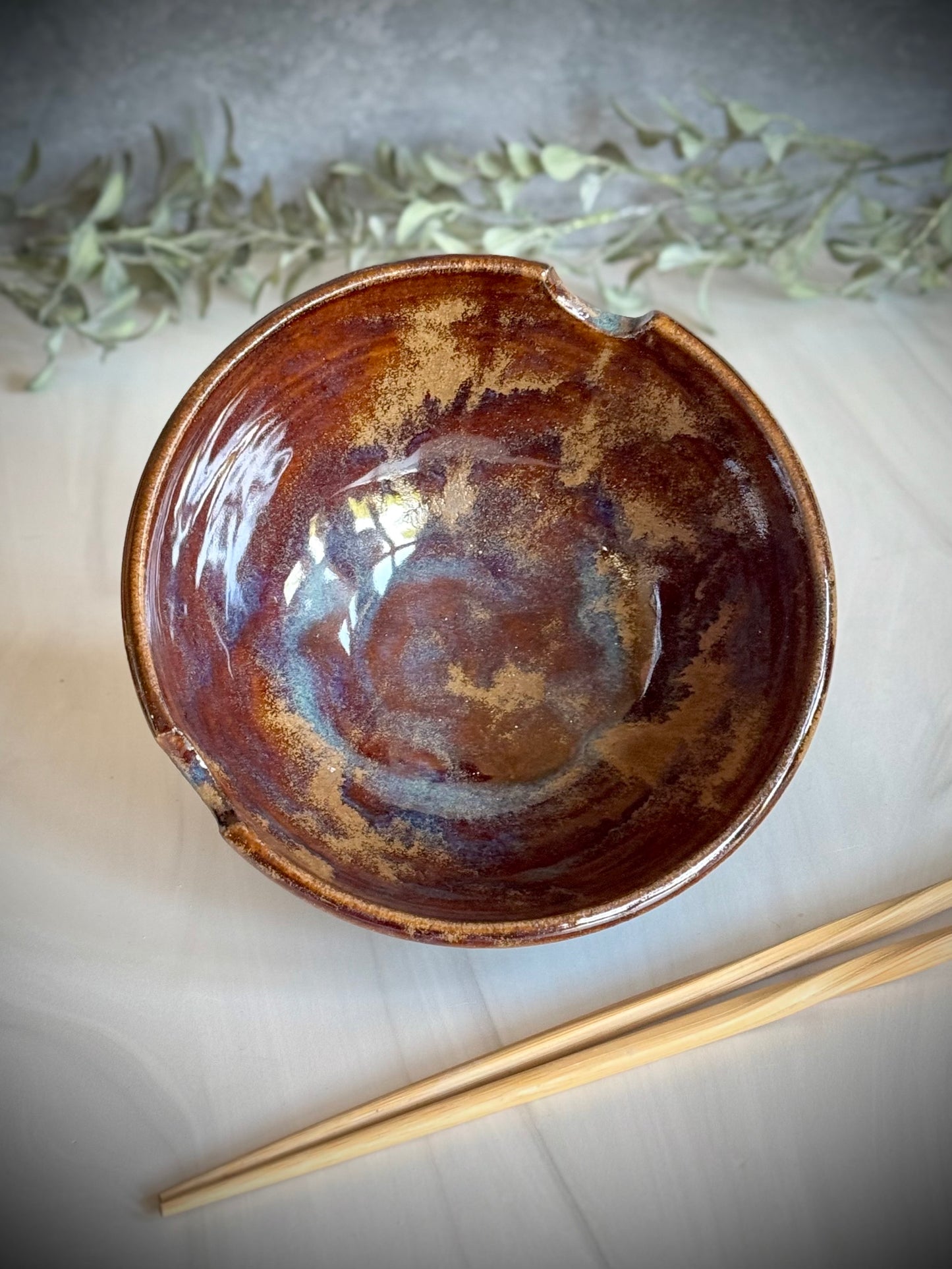 Ramen Bowl - Brown w/blue carved