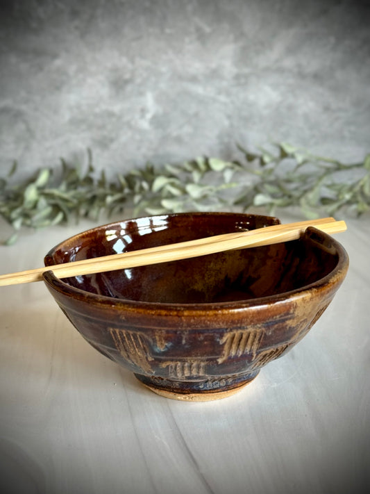 Ramen Bowl - Brown w/blue carved