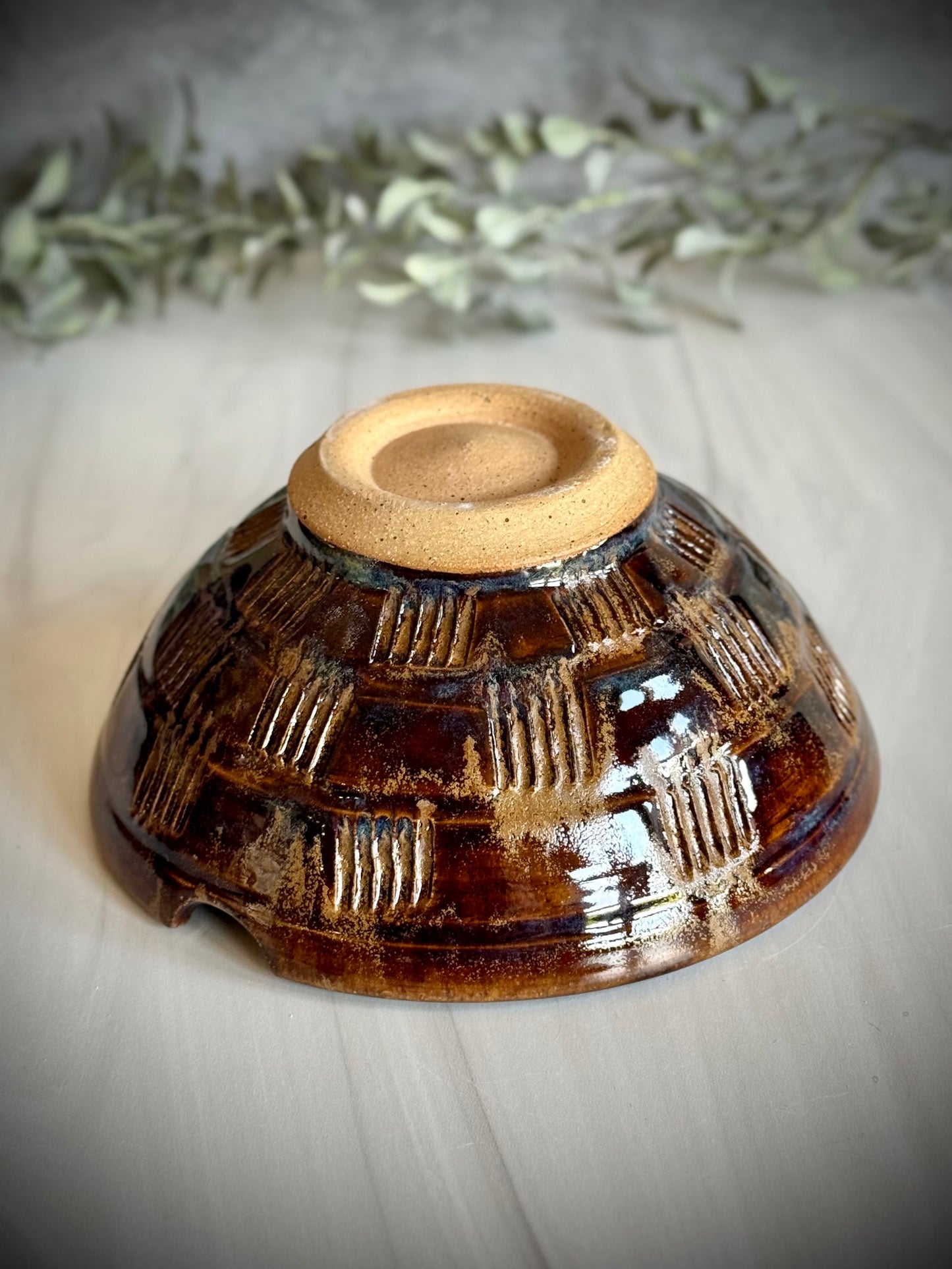 Ramen Bowl - Brown w/blue carved