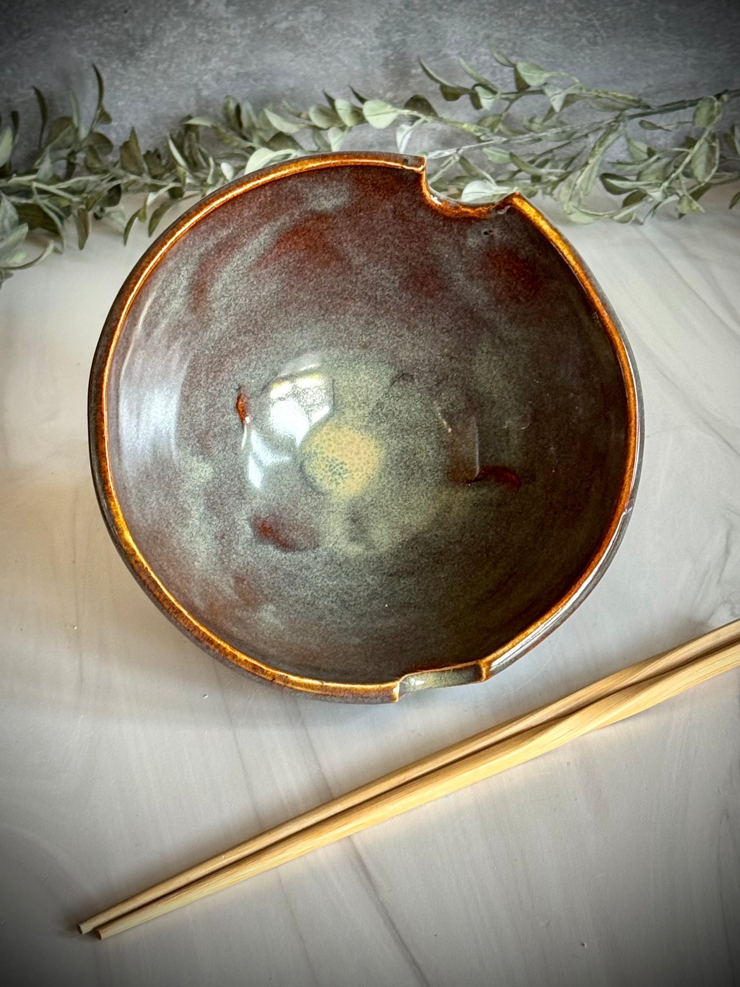 Ramen Bowl - Carved Brown/sage green