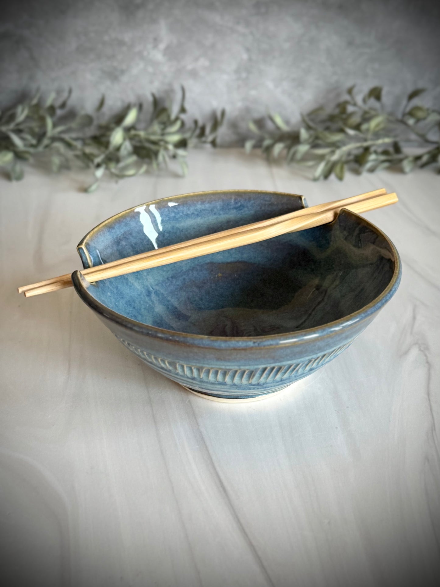 Ramen Bowl - Light Blue Carved