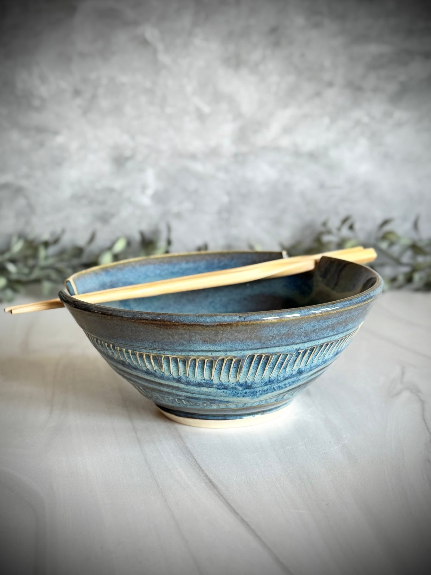 Ramen Bowl - Light Blue Carved