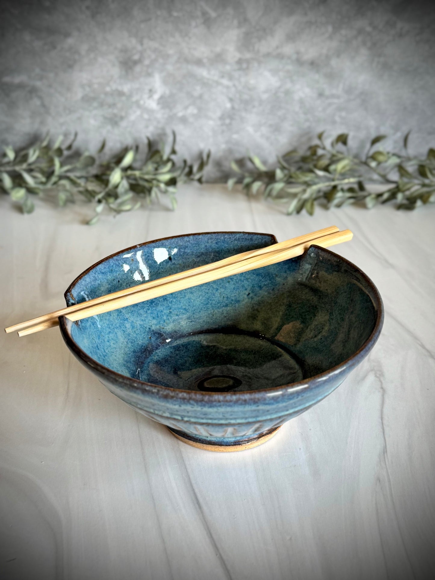 Ramen Bowl - Light Blue Hand Carved