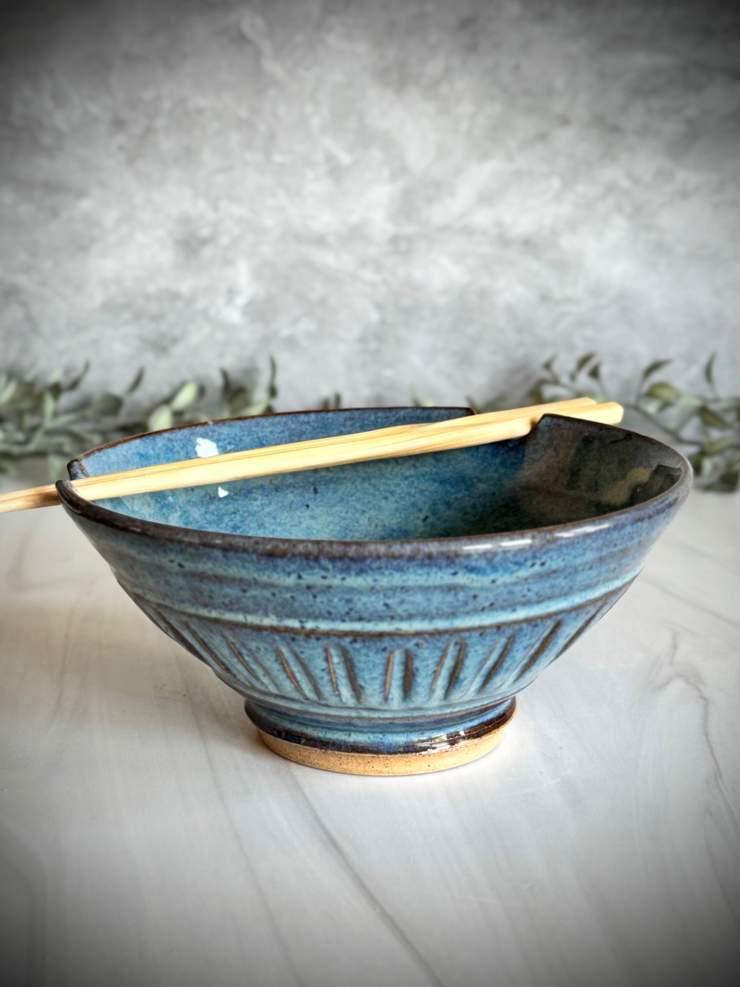 Ramen Bowl - Light Blue Hand Carved